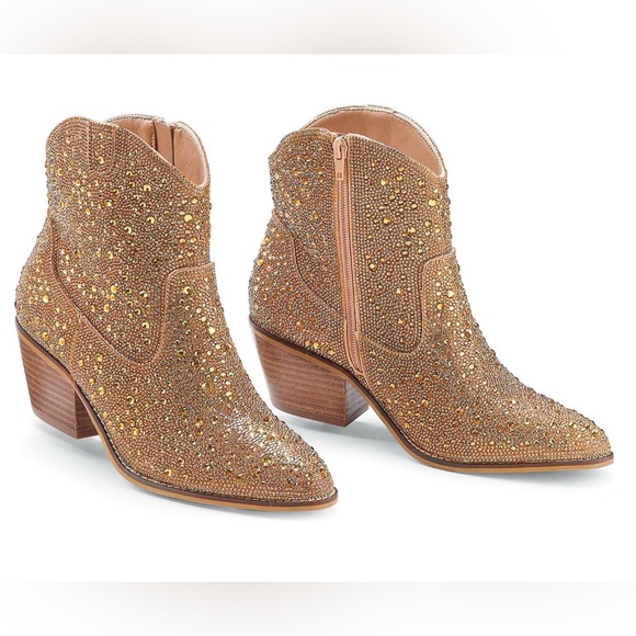 Bright Gold Rhinestone Embellished Ankle Cowboy Boots, 9 - Picture 1 of 7